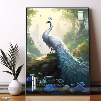 Tranh phòng khách chim công và hoa mẫu đơn treo tường
