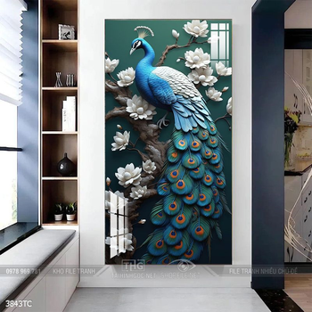 Tranh đôi chim công và hoa mẫu đơn treo tường phòng khách