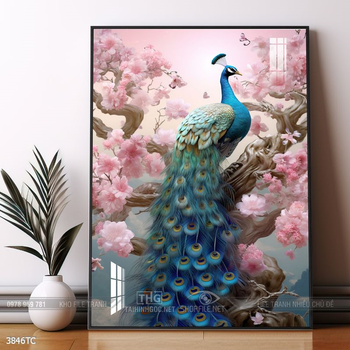 Tranh treo tường hoa mẫu đơn và đôi chim công khổ dọc