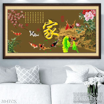 Tranh hoa sen, cá chép thư pháp kim tiền