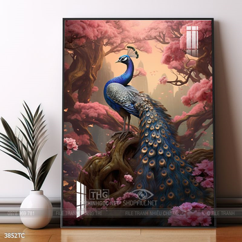 Tranh chim công trong vườn hoa mẫu đơn treo tường