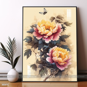 Tranh chim công hoa mẫu đơn decor trang trí tường nhà