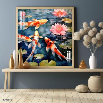 Tranh decor tường phòng khách cá chép hoa sen