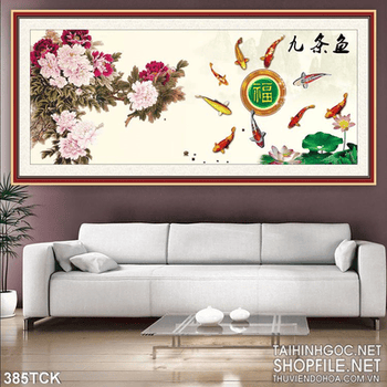 Tranh hoa sen, cá chép hội tụ kim tiền