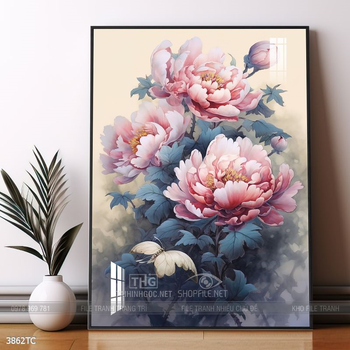 Tranh chim công trong vườn hoa mẫu đơn treo tường