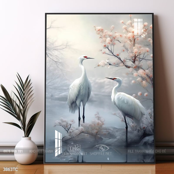 Tranh đôi chim công và hoa mẫu đơn treo tường phòng khách