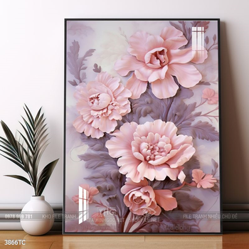 Tranh treo tường hoa mẫu đơn và đôi chim công khổ dọc