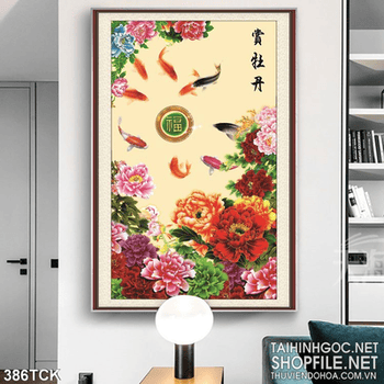 Tranh hoa sen, cá chép quần tụ kim tiền