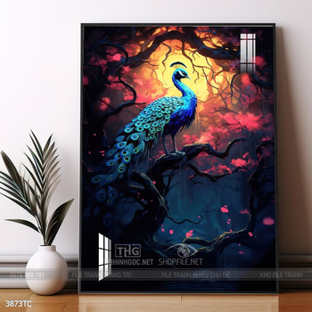 Tranh chim công trong vườn hoa mẫu đơn treo tường