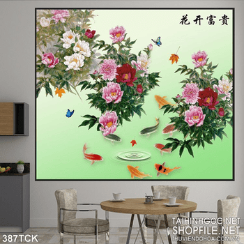 Tranh hoa sen, cá chép dán tường trang trí