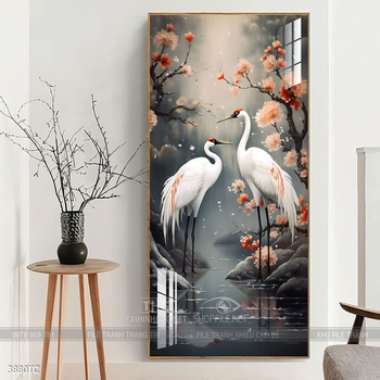 Tranh chim công hoa mẫu đơn decor trang trí tường nhà
