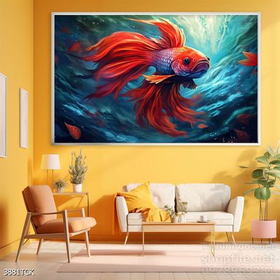 Tranh trang trí phòng khách cá chép hoa sen
