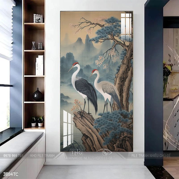 Tranh đôi chim công và hoa mẫu đơn treo tường phòng khách