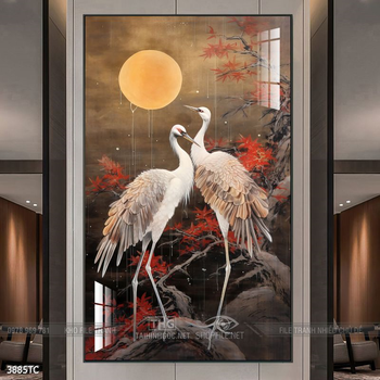 Tranh phòng khách chim công và hoa mẫu đơn treo tường