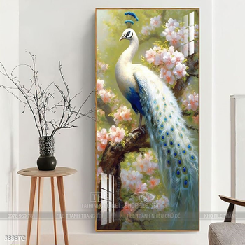 Tranh treo tường phong thủy chim công và hoa mẫu đơn
