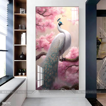 Tranh chim công và hoa mẫu đơn phong thủy