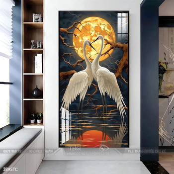 Tranh phòng khách chim công và hoa mẫu đơn treo tường