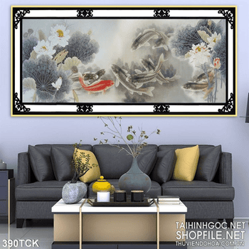 Tranh hoa sen, cá chép giả ngọc trang trí