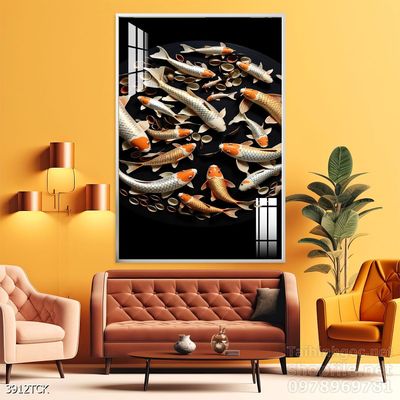 Tranh decor tường phòng khách cá chép hoa sen