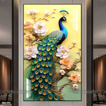Tranh chim công trong vườn hoa mẫu đơn treo tường