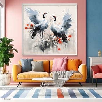 Tranh phòng khách chim công và hoa mẫu đơn treo tường