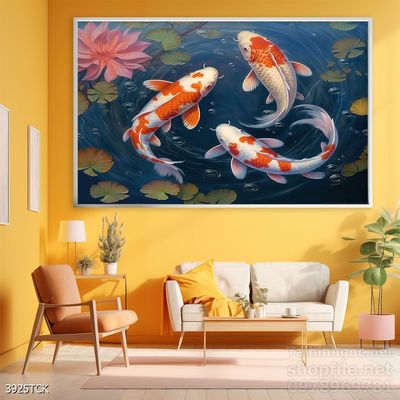 Tranh trang trí phòng khách cá chép hoa sen