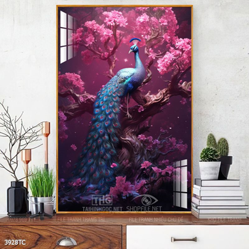 Tranh treo tường phong thủy chim công và hoa mẫu đơn