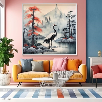 Tranh đôi chim công và hoa mẫu đơn treo tường phòng khách