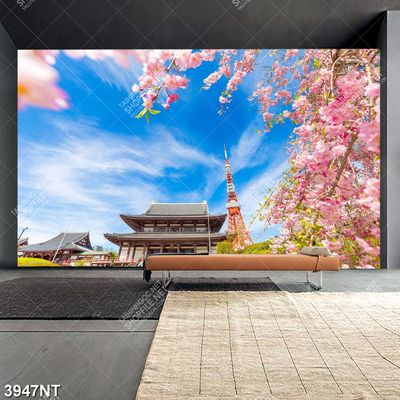 Tranh phong cảnh chùa và hoa đào