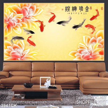 Tranh hoa sen, cá chép quần tụ thư pháp