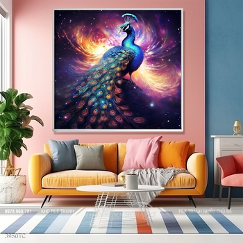 Tranh chim công hoa mẫu đơn decor trang trí tường nhà