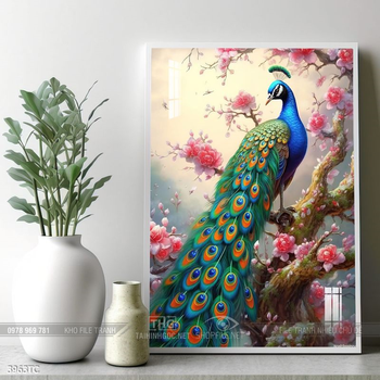 Tranh chim công trong vườn hoa mẫu đơn treo tường