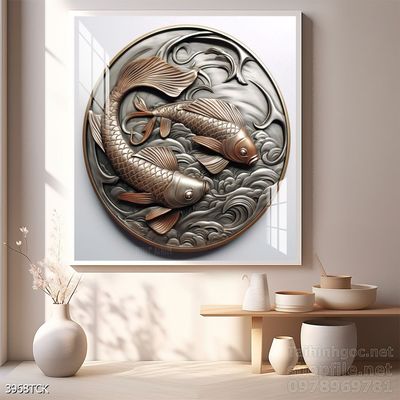 Mẫu tranh decor tường cá chép hoa sen