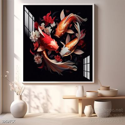 Tranh trang trí phòng khách cá chép hoa sen