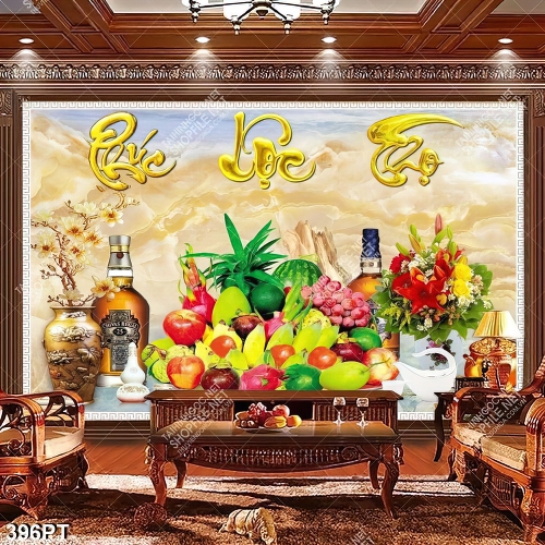 Tranh thờ chữ Phúc Lộc Thọ bên mâm ngũ quả