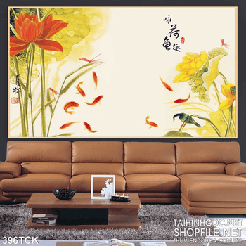 Tranh hoa sen, cá chép dán tường nghệ thuật