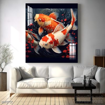 Tranh trang trí phòng khách cá chép hoa sen