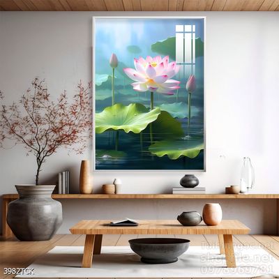 Tranh decor tường phòng khách cá chép hoa sen