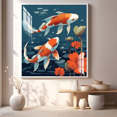 Mẫu tranh decor tường cá chép hoa sen