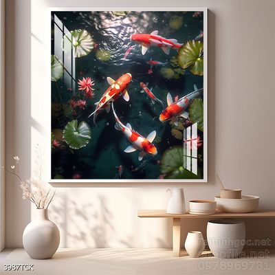 Tranh trang trí phòng khách cá chép hoa sen