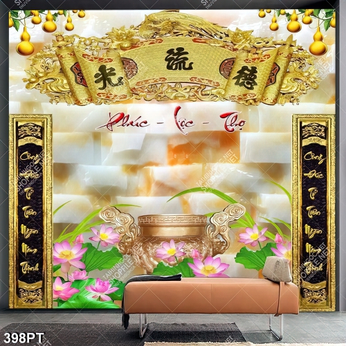 Tranh bàn thờ chữ Phúc Lộc Thọ và thư pháp in kính