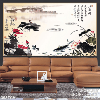 Tranh hoa sen, cá chép thư pháp trang trí