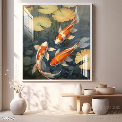 Tranh trang trí phòng khách cá chép hoa sen