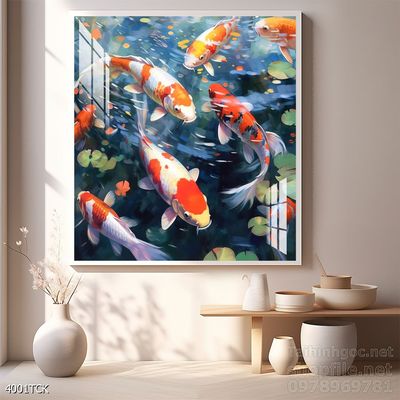 Tranh cá chép hoa sen nghệ thuật hiện đại