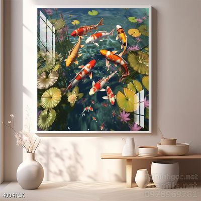Mẫu tranh decor tường cá chép hoa sen
