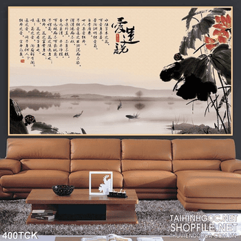 Tranh hoa sen, cá chép thư pháp