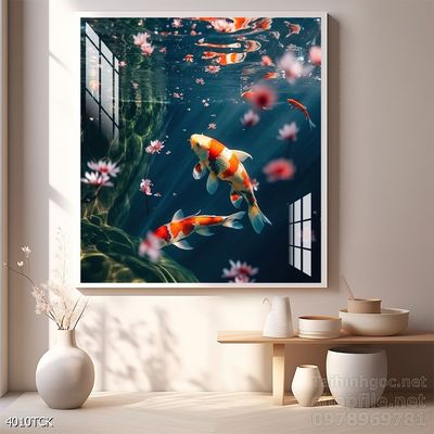 Tranh cá chép hoa sen nghệ thuật hiện đại