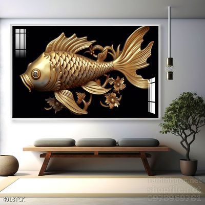 Tranh decor tường phòng khách cá chép hoa sen