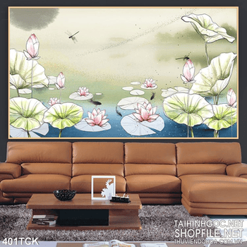 Tranh hoa sen, cá chép dán tường nghệ thuật