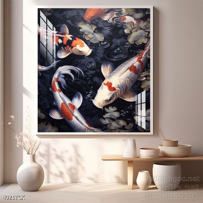 Mẫu tranh decor tường cá chép hoa sen